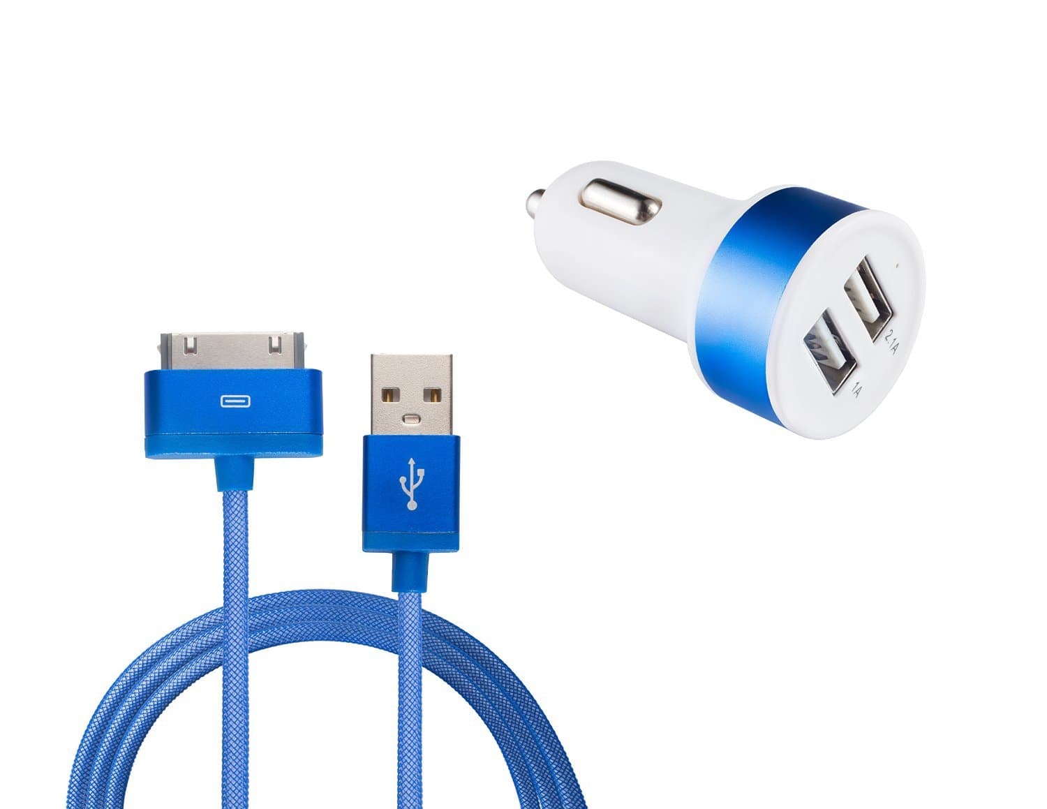 3.1A Dual USB Car Adapter Charger with Durable Unbreakable Apple MFi Certified 30-Pin to USB Cable for iPhone and iPads - Retail Packaging - Blue
