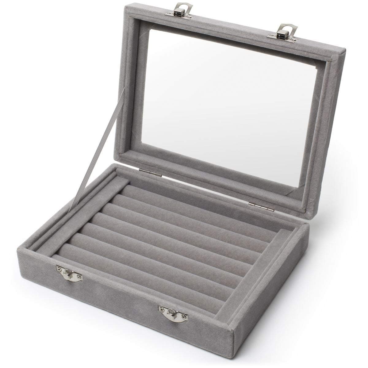 igadgitz home U6997 - Velvet Lined Ring Box Ring Tray Ring Organiser Ring Storage Box Ring Display Case Jewellery Box - Rings, Ear Rings, Cufflinks - Grey - Medium