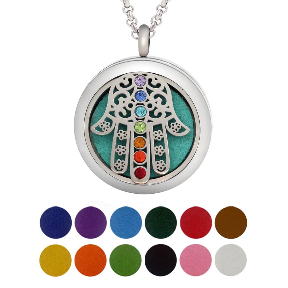 Aromatherapy Essential Oil Diffuser Necklace Locket Pendant with 12 Washable Pads + 2PCS Chain 316L Surgical Stainless Steel Jewelry Gift Set（Fatima Eye Hand）