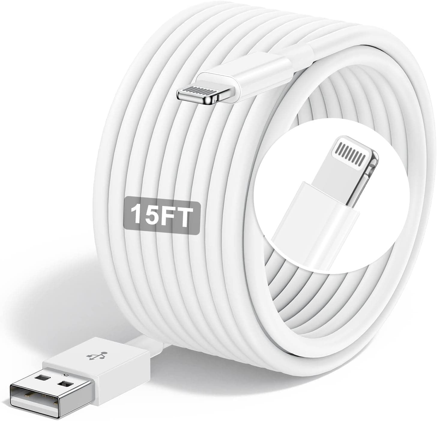 Susnwere 15ft/5M Apple MFi Certified Lightning Cable, iPhone 14/14 Pro/13/12/11/11 Pro/11 Max/X/XS/XR/XS Max/8/7/iPad (White)