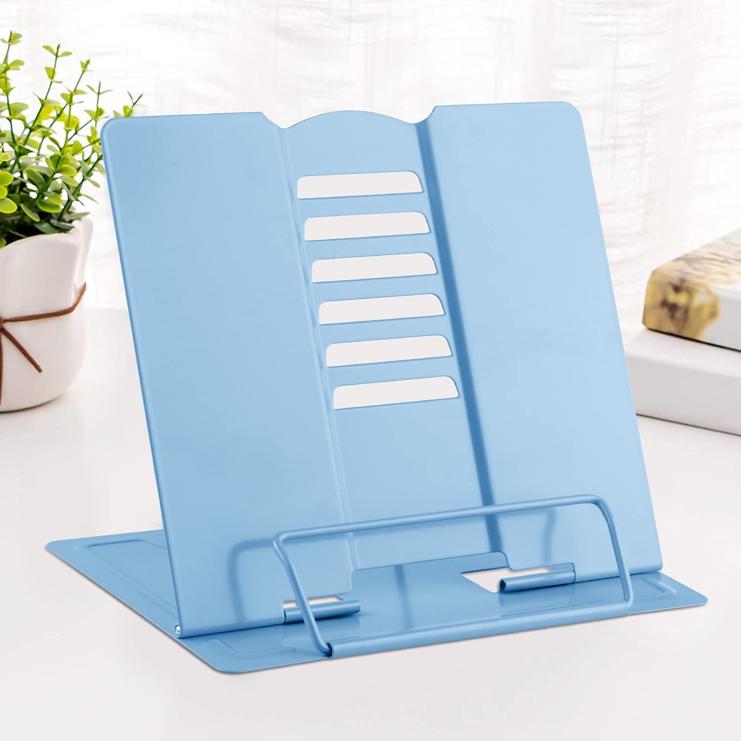 MSDADA Desk Book Stand Metal Reading Rest Book Holder Adjustable Cookbook Documents Holder Bookstands for Recipes Textbook Music Books, the First Day of School Gift for Students, Teachers (Light Blue)