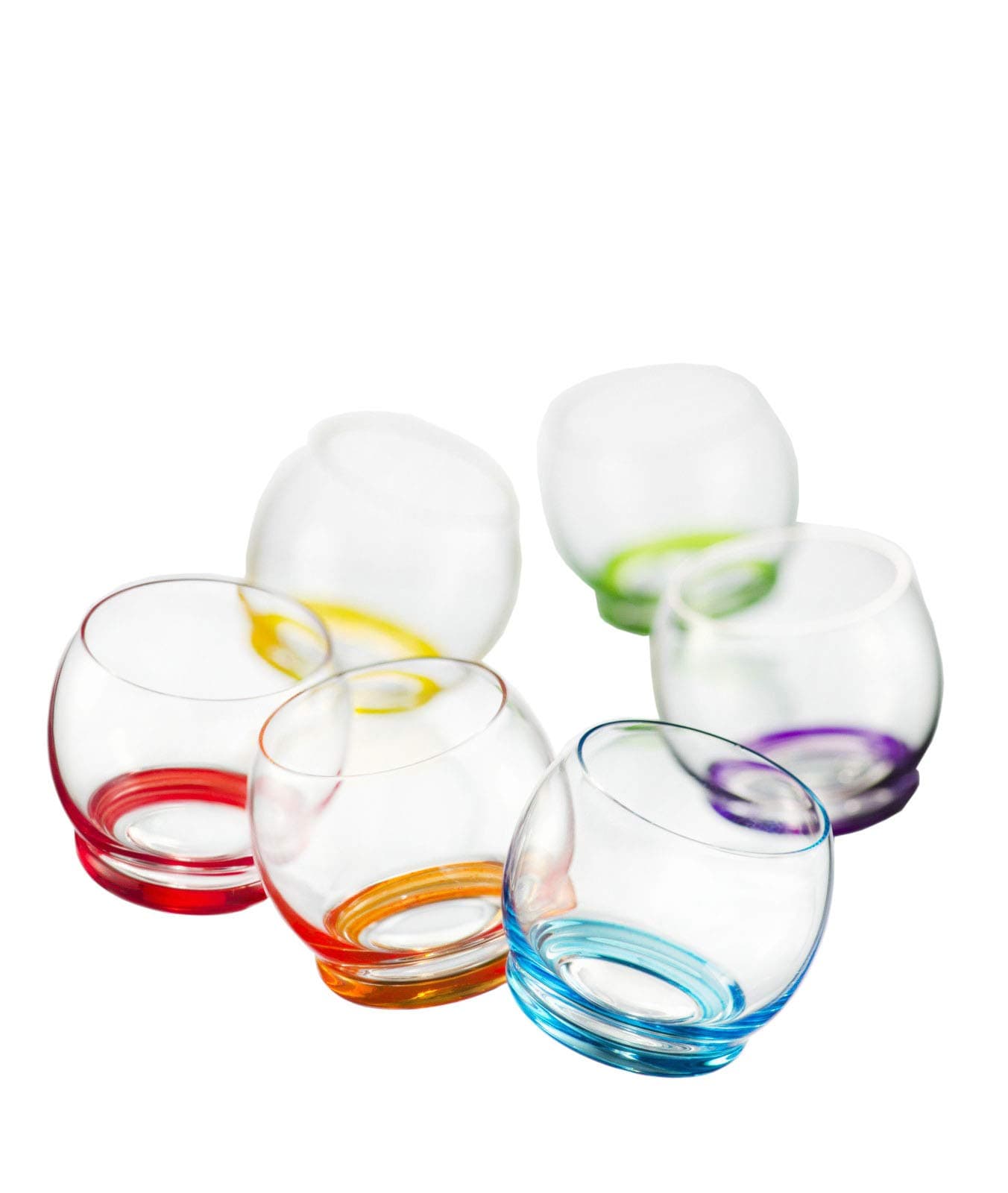 Rainbow Multi Colored Bottom Drinking Glasses Set of 6 , Fun and Cool, Mixed Vibrant Different Colors, Large, Double Walled Glass, Kitchen / 10.4 Ounces 310 Milliliters