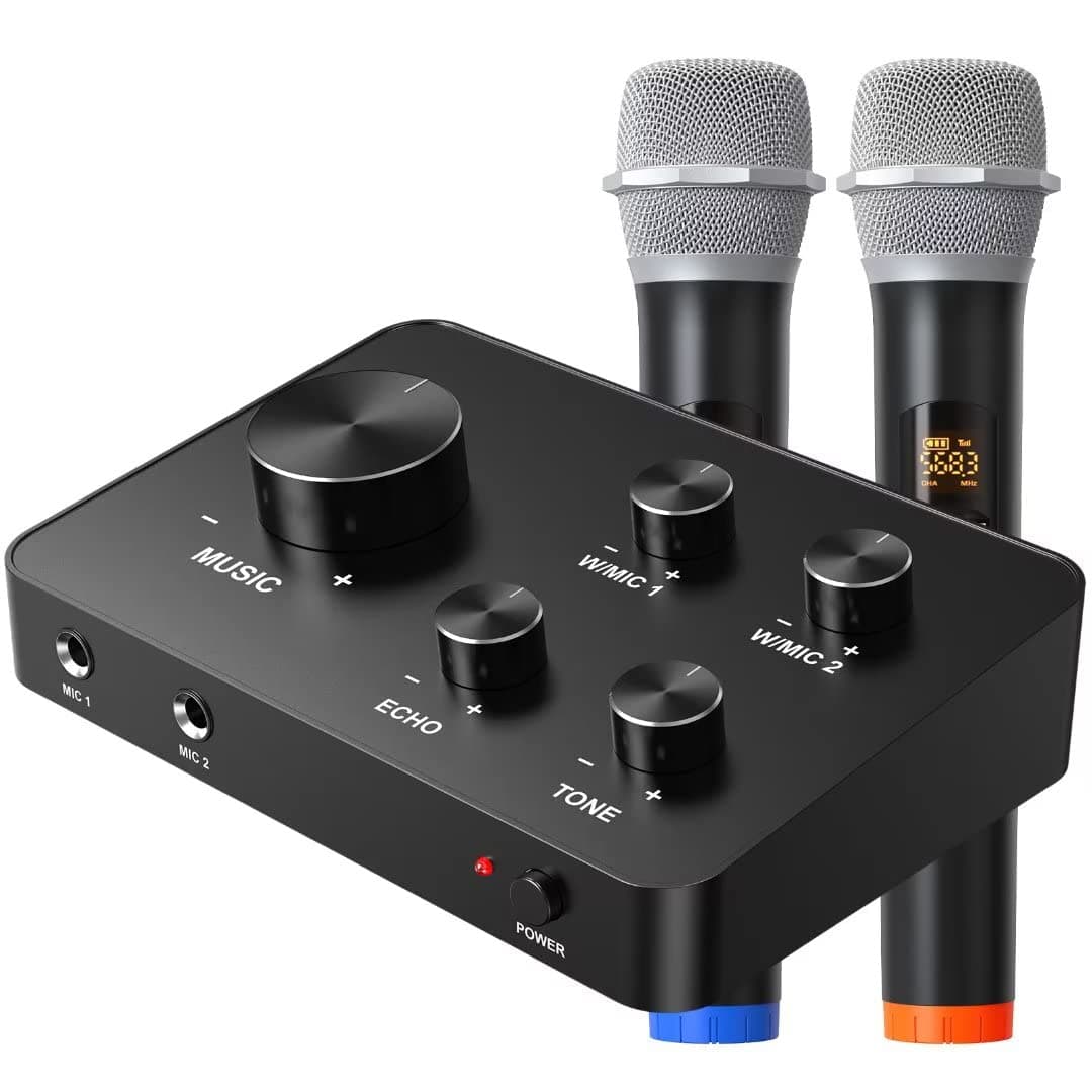 Wireless Microphone Karaoke Mixer System, Dual Handheld Wireless Microphone for Karaoke, Smart TV, PC, Speaker, Amplifier, Church, Wedding - Support HDMI, AUX In/Out