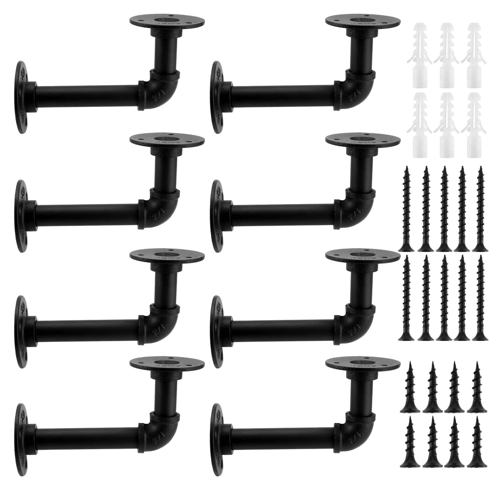 8 Pack Industrial Pipe Brackets, Black Pipe Shelving Brackets with Screws and Hard Wall Anchors, Pipe Brackets for Shelves,Scaffold Board and Home Decoration