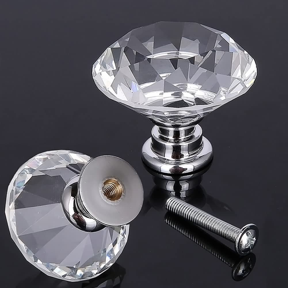 Akstore 6 Pcs Crystal Glass Cabinet Knobs 30mm Diamond Shape Drawer Kitchen Cabinets Dresser Cupboard Wardrobe Pulls Handles (40mm,6pcs, Clear)