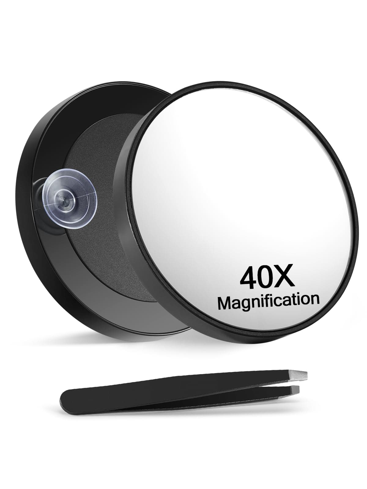 Macaki 40X Magnifying Mirror with 2 Suction Cups, 3.5 inches Magnified Makeup Mirror and Slant Tweezers,Black,1PC