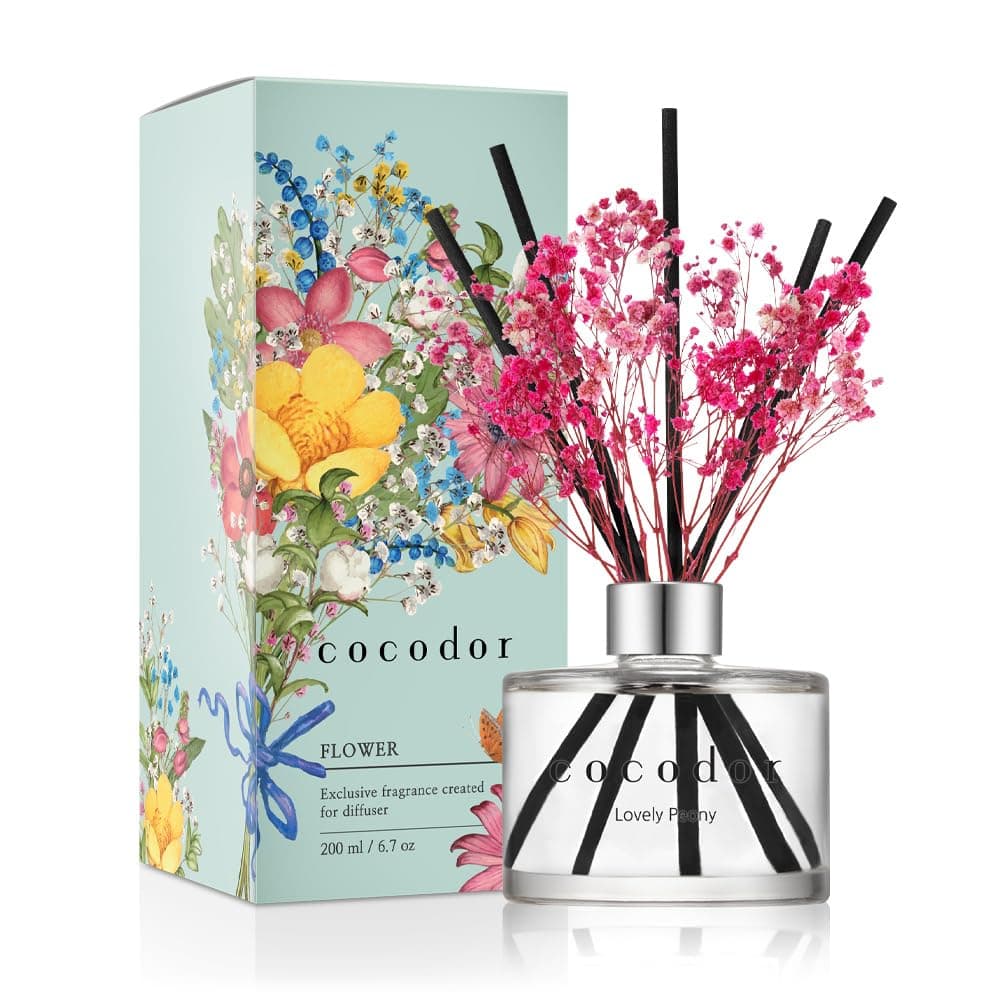 [COCODOR/Lovely Peony Flower Reed diffusers Oil with a Set of 5 Fiber Sticks, 200ml, Best for Home, Kitchen, Bathroom. Diffusers with sticks