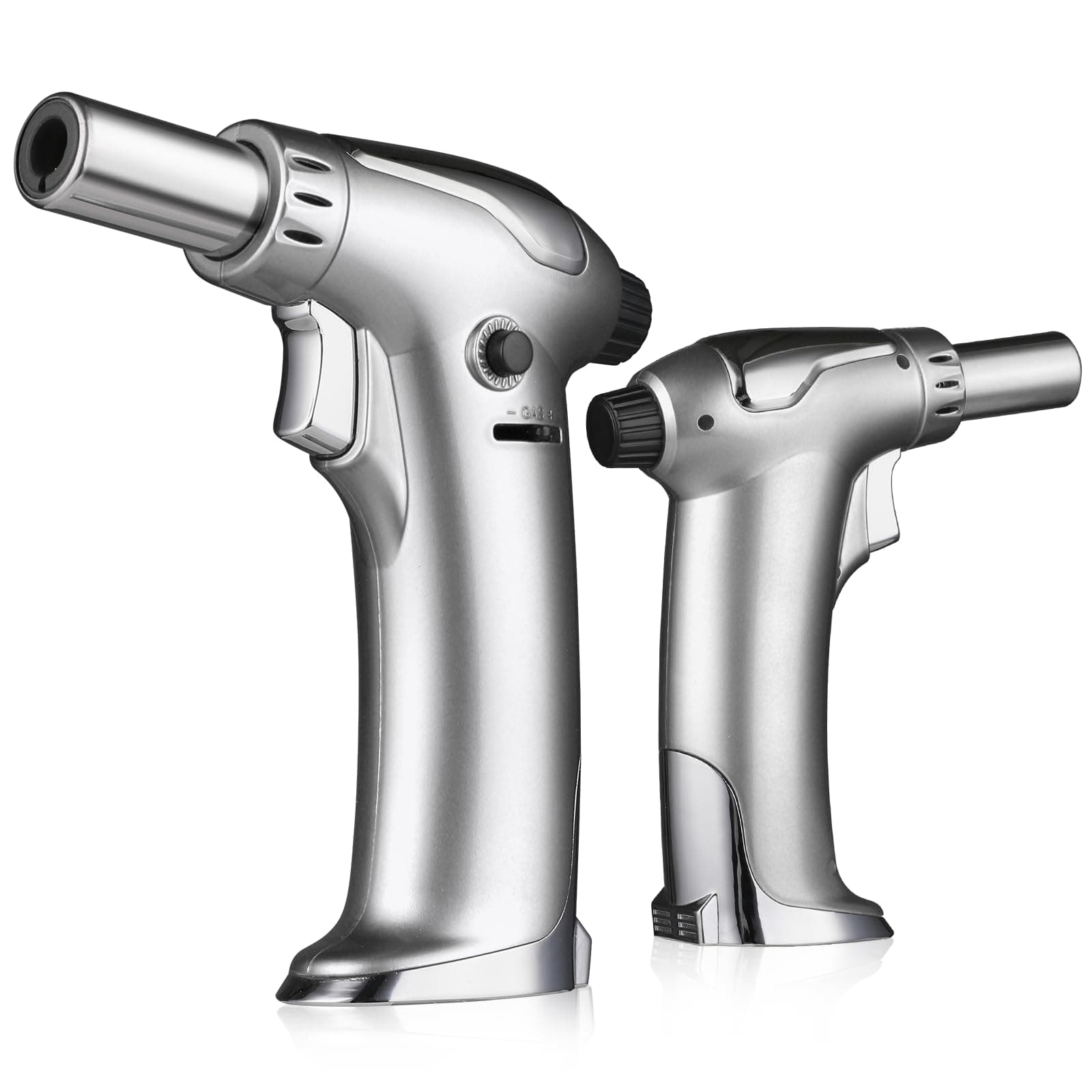 mollie Mini Butane Torch Lighter with Adjustable Flame, Small Refillable Kitchen Cooking Blow Torch for Creme Brulee, Windproof Baking Torch for BBQ Food Grill, Silver 2-Pack (Butane Gas Not Included)