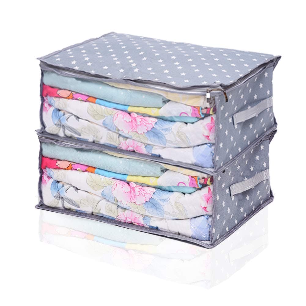 Small Foldable Storage Bag with Zipper,Large Clear Window and Carry Handles,Great for Clothes, Blankets,Closet,Sweater Organizer Box(2 Pack) (Grey)