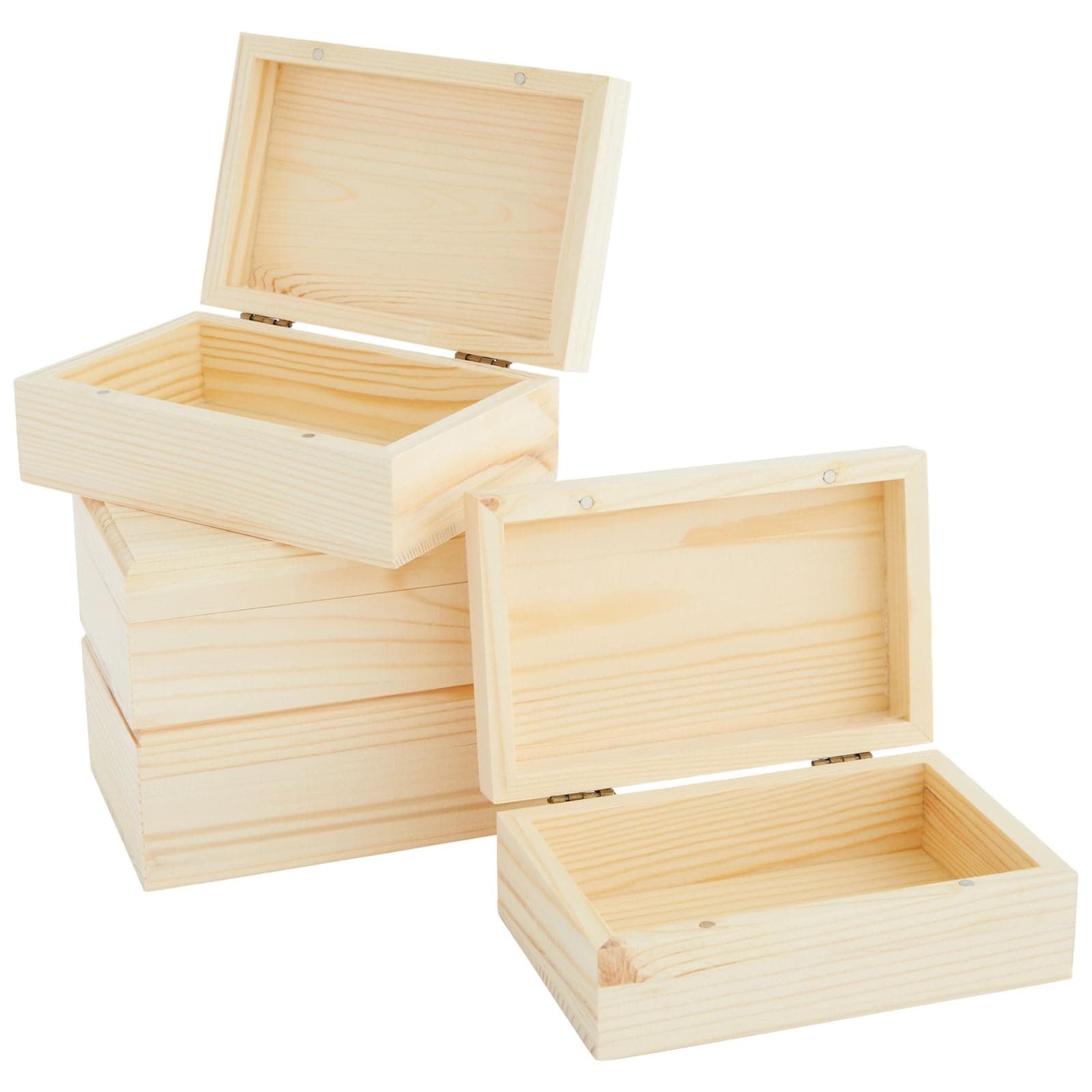 Bright Creations Wooden Boxes - 4 Pack, 5.5 x 3.5 x 2 in, Unfinished Pinewood - Wood Box with Hinged Magnetic Lid - DIY Crafts & Storage