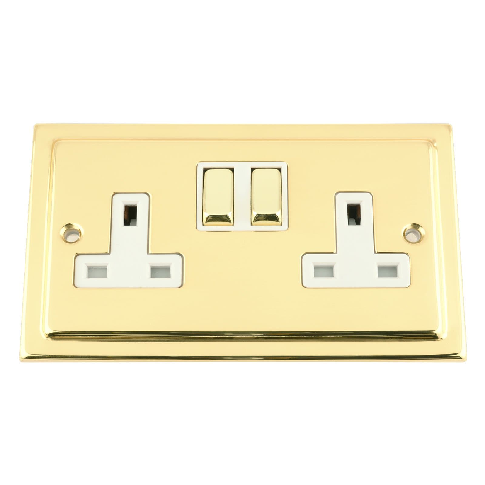 Wall Socket 2 Gang - Victorian Polished Brass - White Insert - Metal Rocker Switch - 13A Double Plug Socket