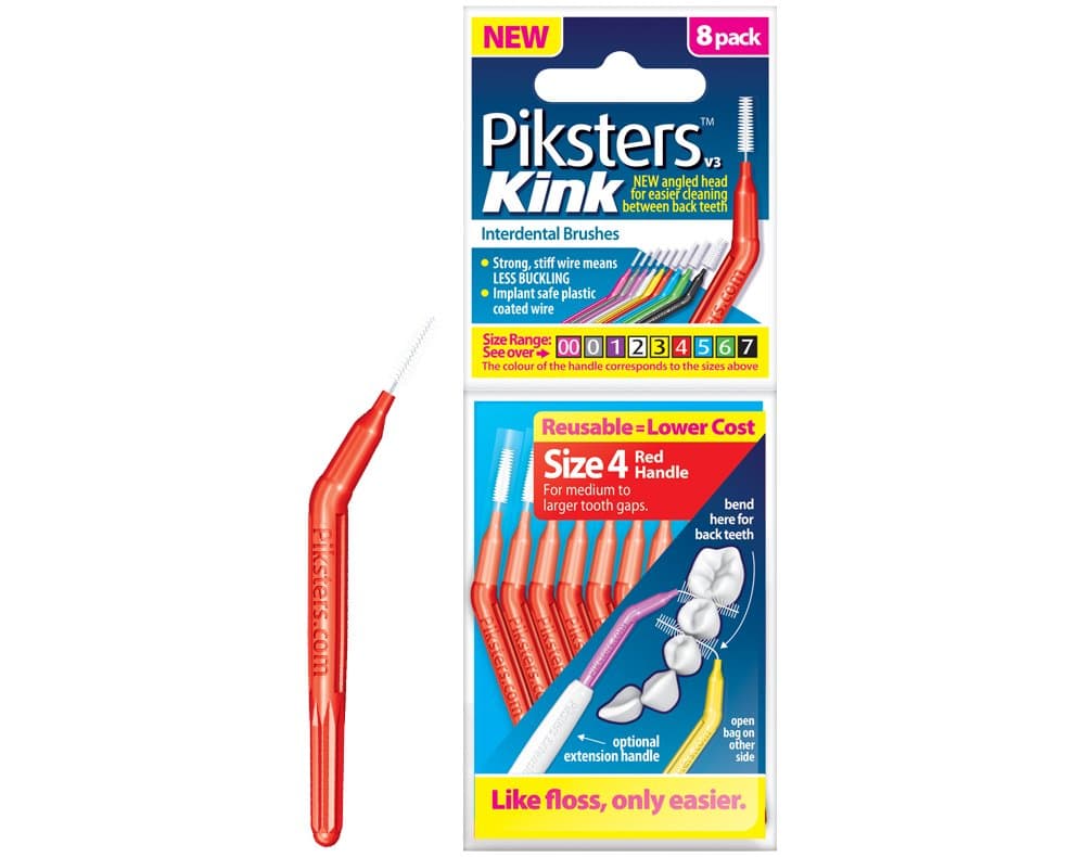 PikstersKink Interdental Brushes - for Cleaning Between Teeth (8 Pack, Size 4 (Red))