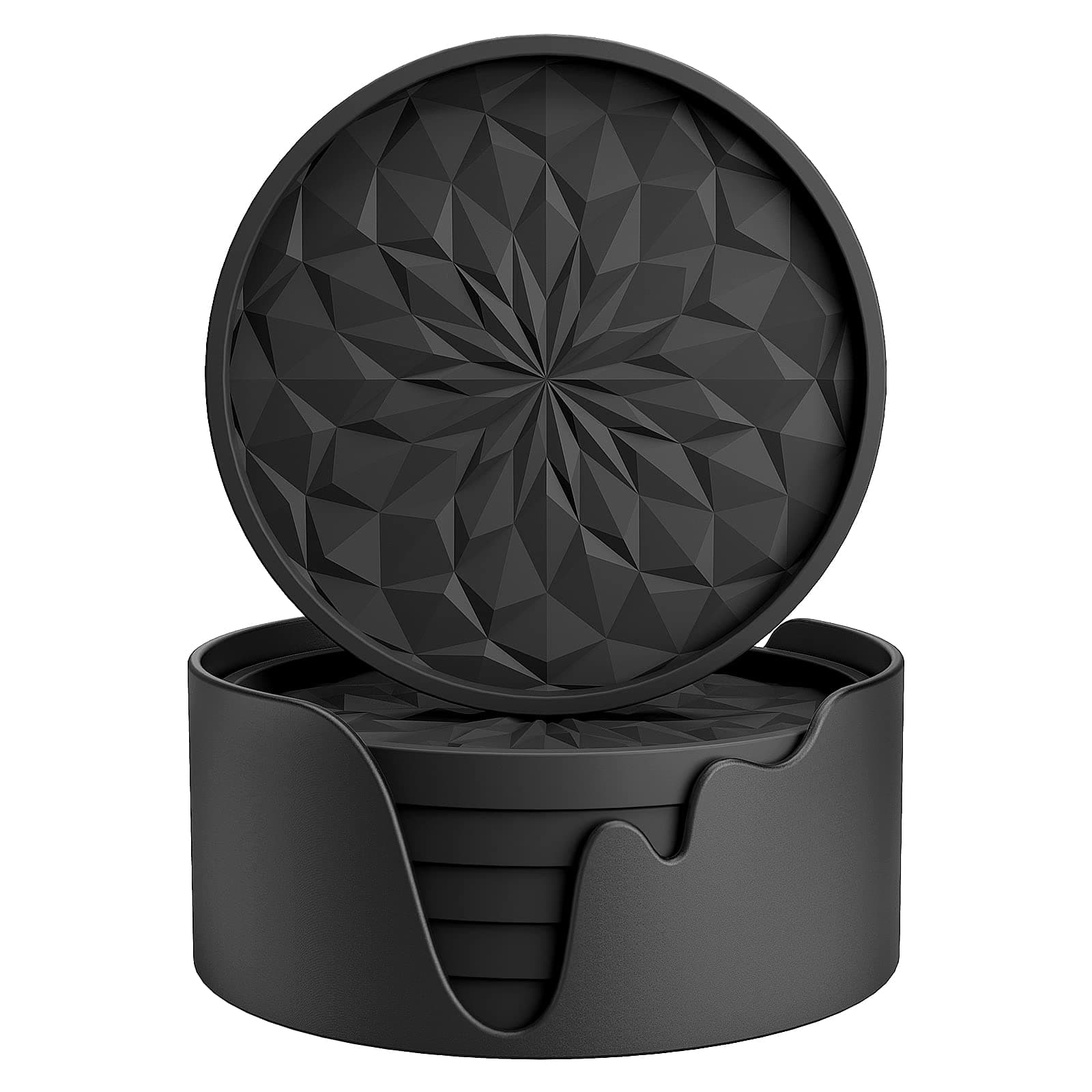 Silicone Coasters with Holder,[6 Pack] Drinking Coasters - Cup Mat for Hot or Cold Drinks, Thickened, Non-Slip, Non-Stick,Deep Tray Black