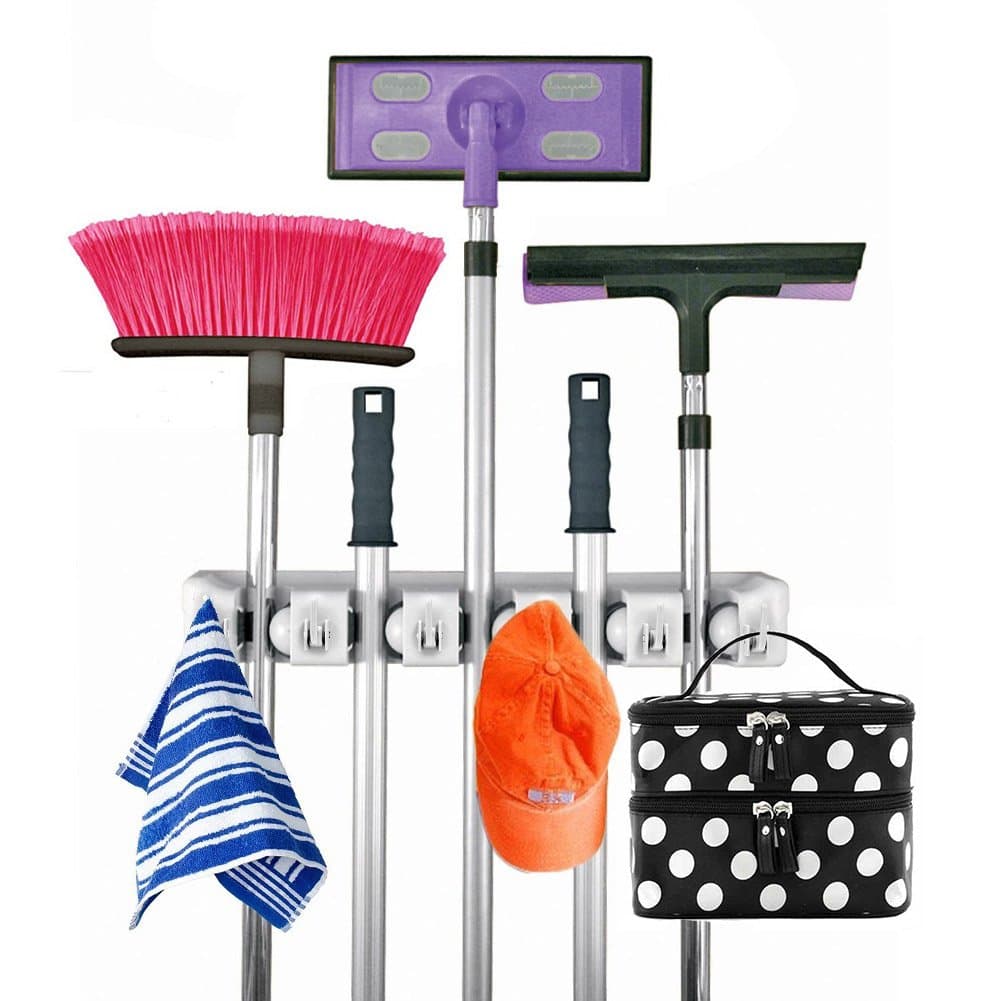 ROGERRAY Mop and Broom Holders,Wall Mounted Mop Holder Tool Shelving Multifunctional Wall Mounted Garage Storage Organization Systems (5 Position 6 Hooks)