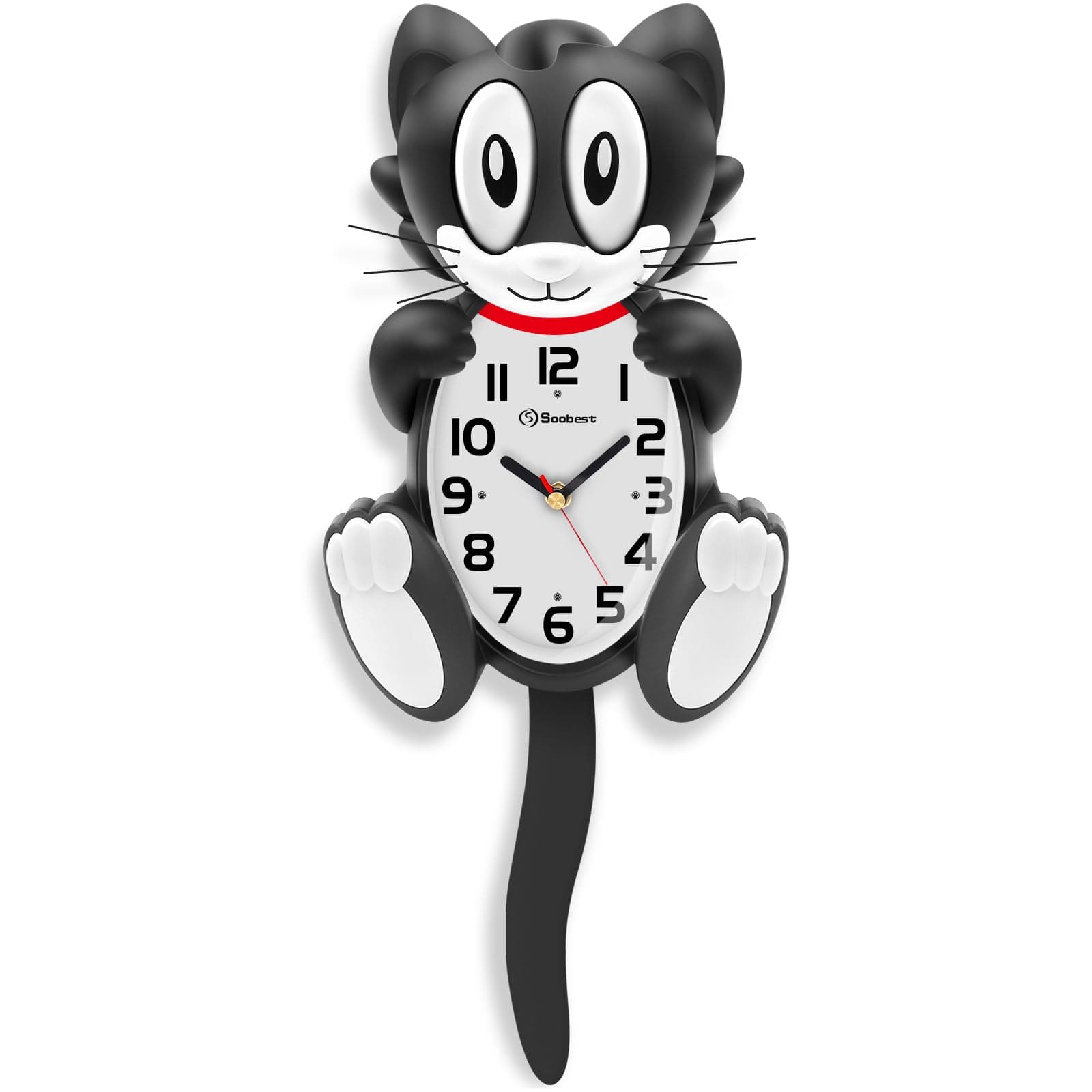 Soobest 18 Inch 3D Large Cat Wall Clock Battery Operated Silent Non Ticking with Moving Eyes and Pendulum Tail, Retro Kids Analog Wall Clock for Gift Decor Black