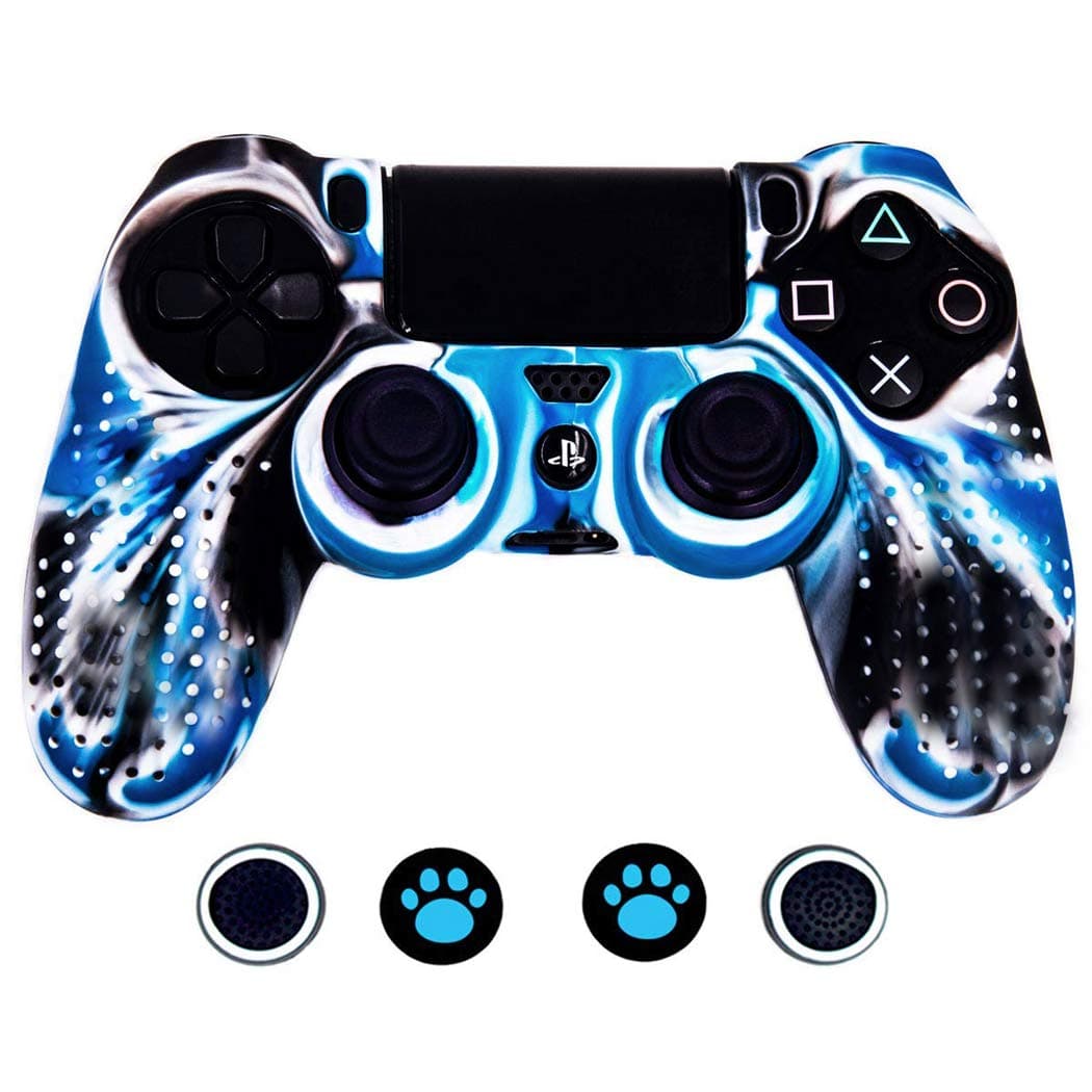 Anti-Slip Silicone Controller Cover Protective Skins for PS4/SLIM/PRO Controller with 4 Thumb Grip Caps (White&Blue)