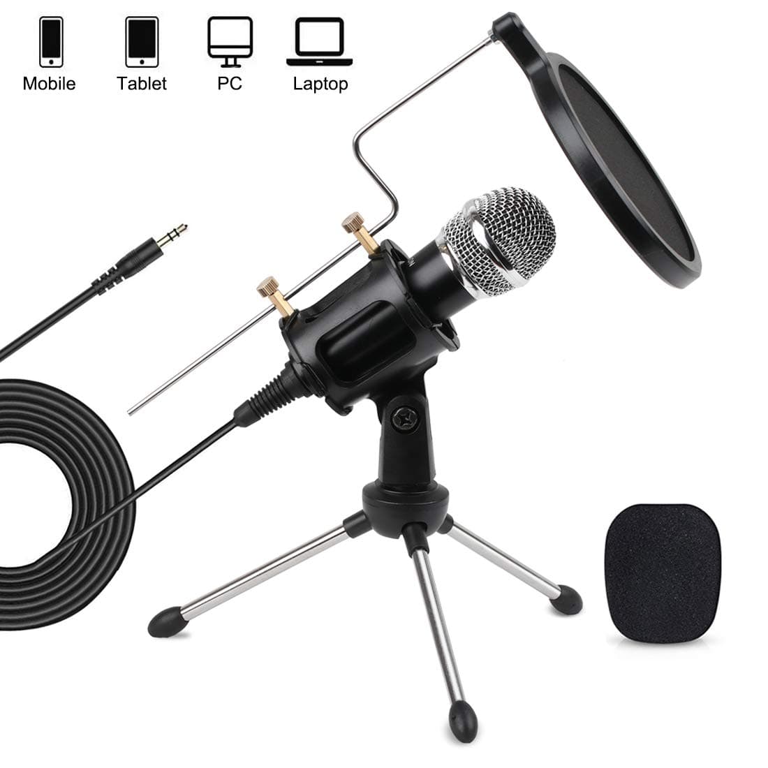 3.5mm PC Mobile Microphone Computer Condenser Studio Mic Plug & Play with Tripod Stand & Pop Filter for Chatting/Skype/YouTube/Recording/Gaming/Podcasting for Mobile PC Computer Notebook Mac iPhone