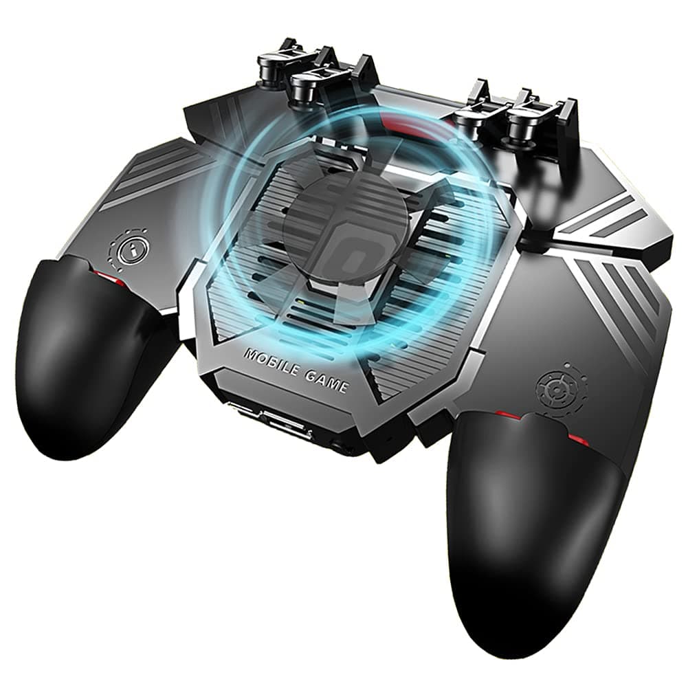 Mobile Game Controller Universal Phone Triggers One-piece Gamepad Clutch Grip Joystick 6 fingers L1R1 for Smartphone width from 7 to 9.5 CM (With fan)