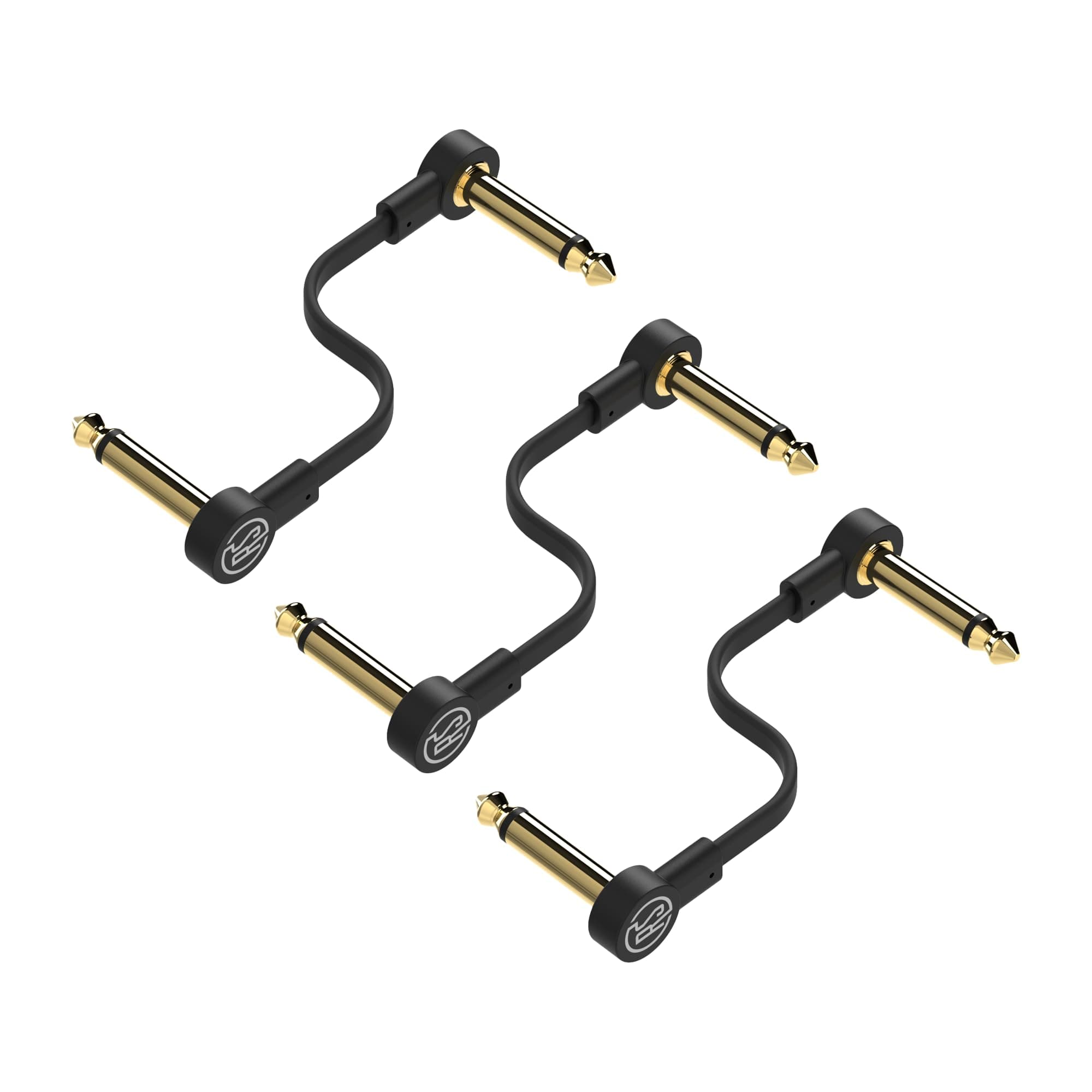 Rock Stock Guitar Flat Patch Cables (Pack of 3) - 4 Inch S-Shape Ultra-Thin Effect Guitar Pedal Patch Cables - Right-Angle, Black with Durable Gold Plated Connectors, Maximize Pedalboard Space