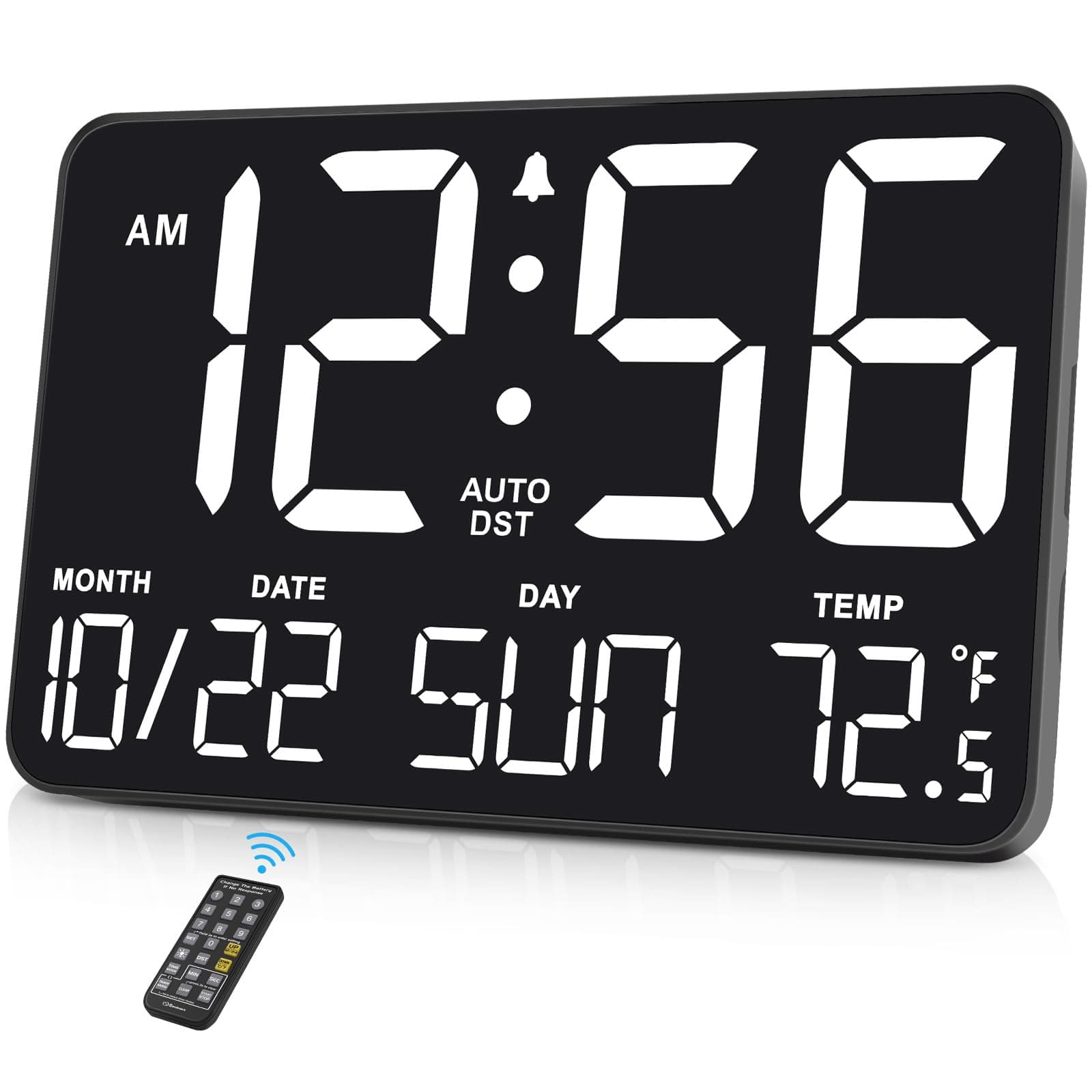 Soobest Large Display Digital Wall Calendar Clock with Date Day of Week, Alarm Clock for Bedroom Desk, Timer for Home Gym Workout 6 Dimmer Auto DST 12/24hr with Remote and Temperature(White)