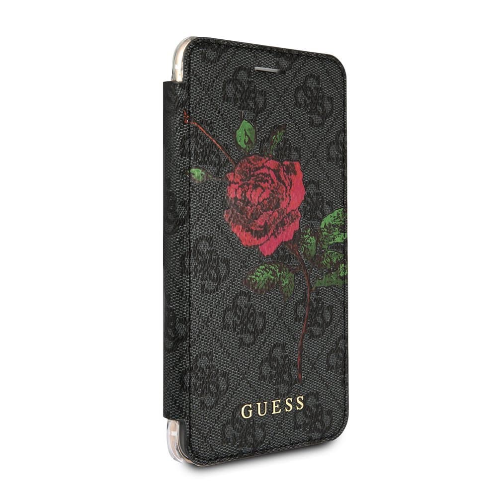 CG MOBILE Guess Phone Case for iPhone 8 Plus & 7 Plus in Black in Flower Design, PU Leather Protective & Durable Wallet Case with Accessible Ports, Shock Absorption & Signature Logo