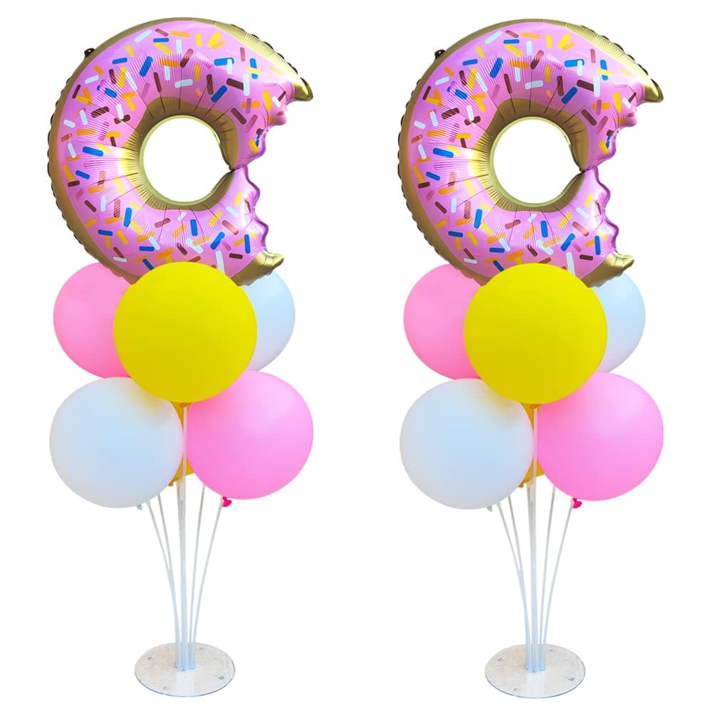 Donut Table Centerpiece Balloons Stand Kit 2 Sets with 2 Doughnut Foil Balloons and 14 Latex Pastel Balloons for Donut Time Decoration Birthday Party Wedding Baby Shower Party Decoration