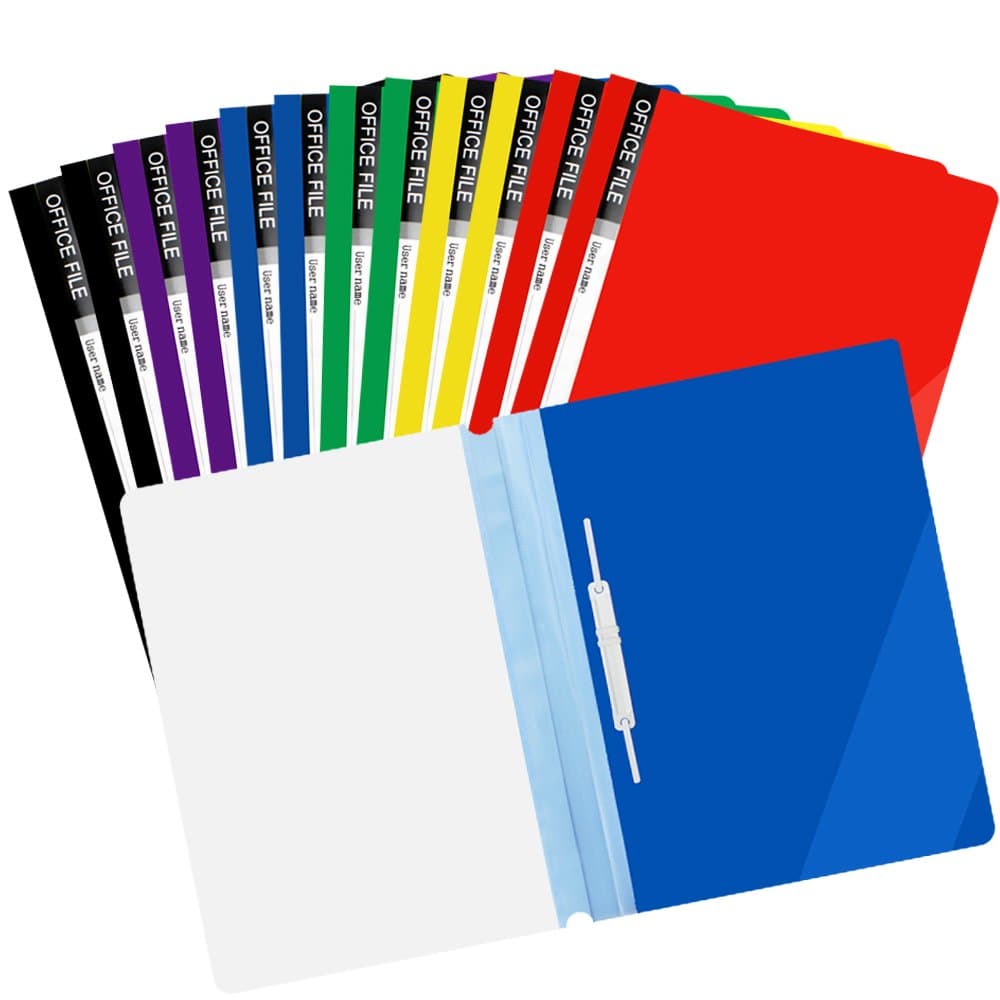 JUSLIN 12pcs A4 Report Flat File Lightweight Plastic 2 Hole Folder, Presentation Display Book, 6 Different Colors