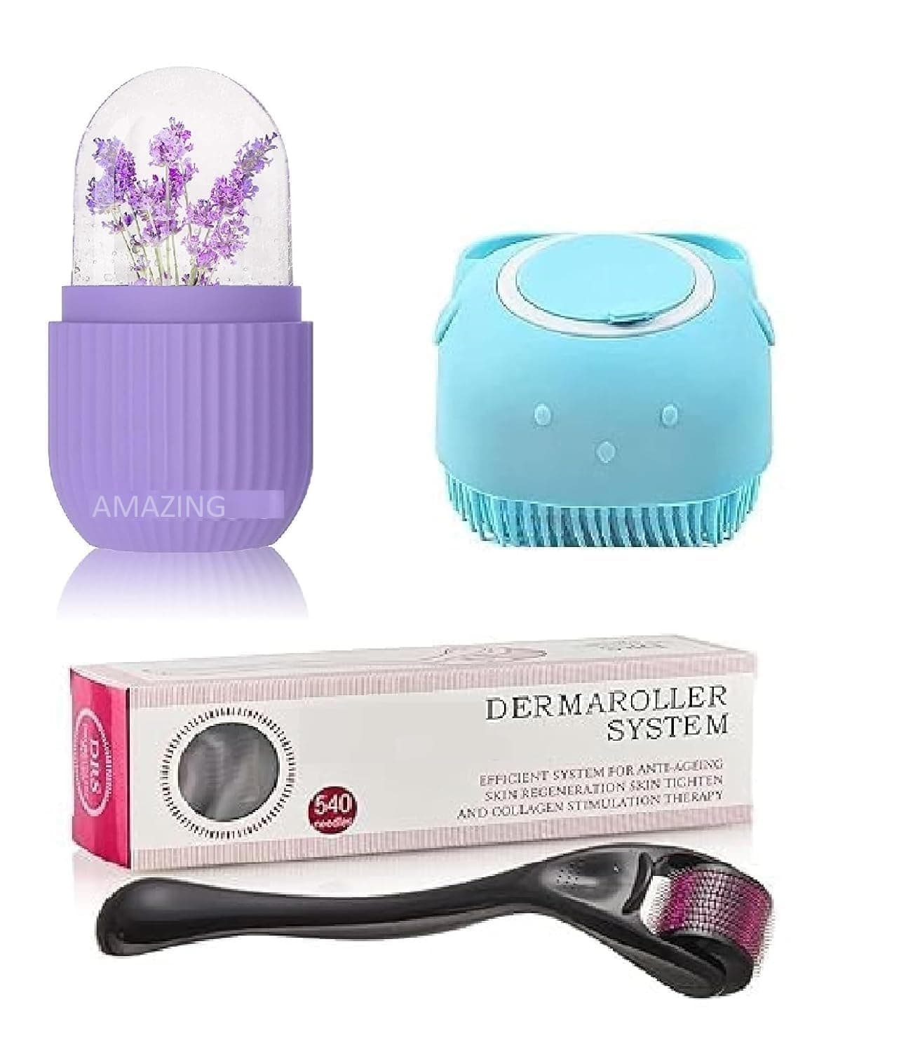 Roller with 540 Titanium Micro Needles, 0.5mm, Beard Hair Growth Kit with Bath Brush and Ice Roller, Cleanser Full Body Hair Removal Tool (PACK-3)