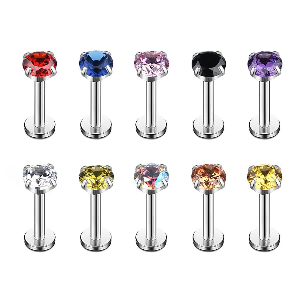 Ruifan Mix Color CZ Internally Threaded Labret Monroe Lip Ring Tragus Nail Helix Earring Stud Piercing Jewelry 16G 10PCS