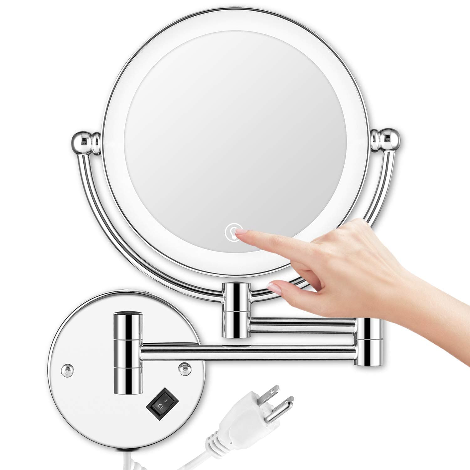 Wall Mounted Lighted Makeup Mirror, 8 Inch Double-Sided 1X 5X Magnifying Mirror for Bathroom, 11'' Extendable Arm, 360° Swivel, Touch DimmableLED Lights, Powered by Plug in, Chrome