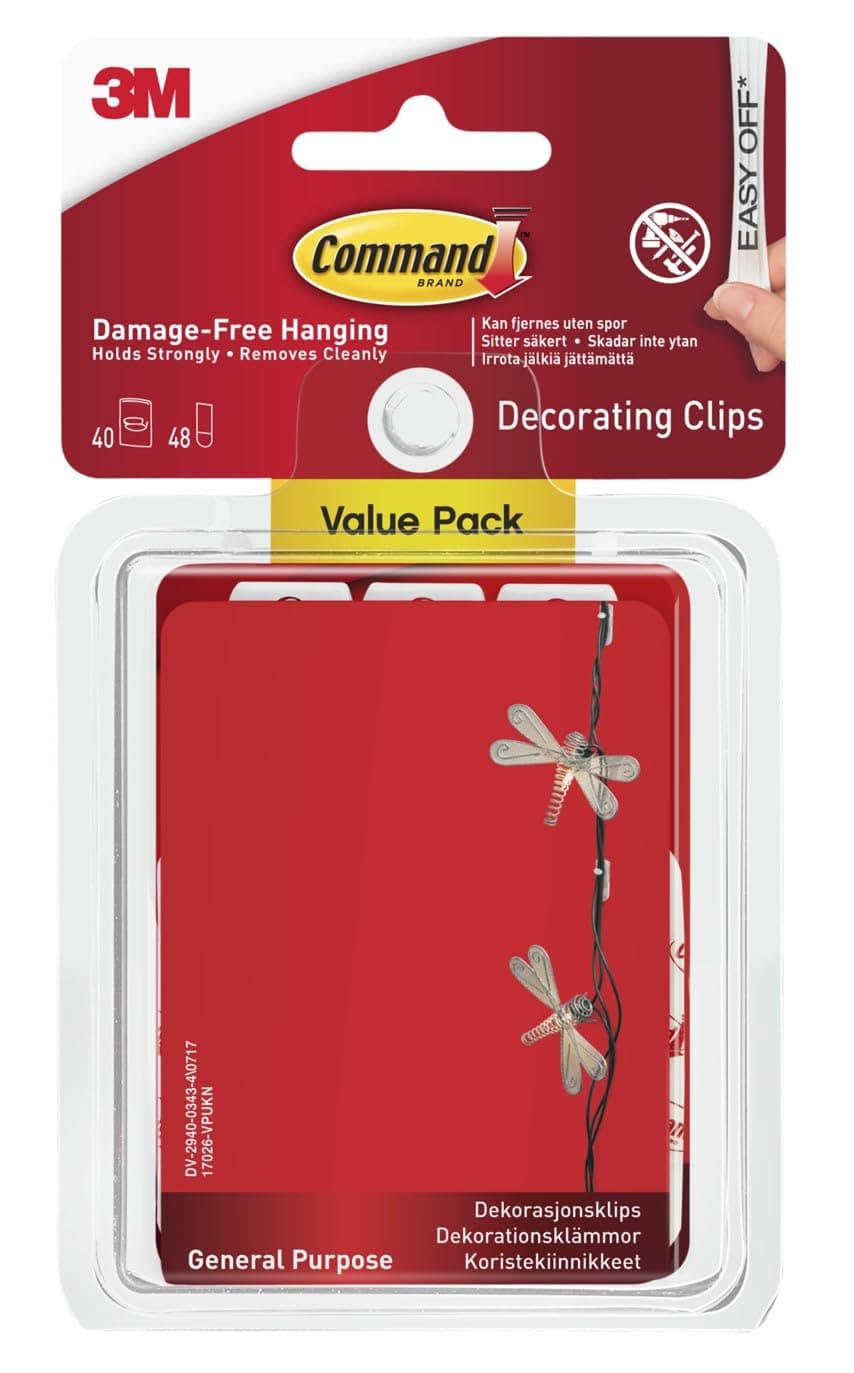 Command Decorating Clips, Pack of 40 Mini Hooks and 48 Small Adhesive Strips, White - Hanging Clips for Decorations and Fairy Lights, Wall Adhesive - Damage Free Hanging