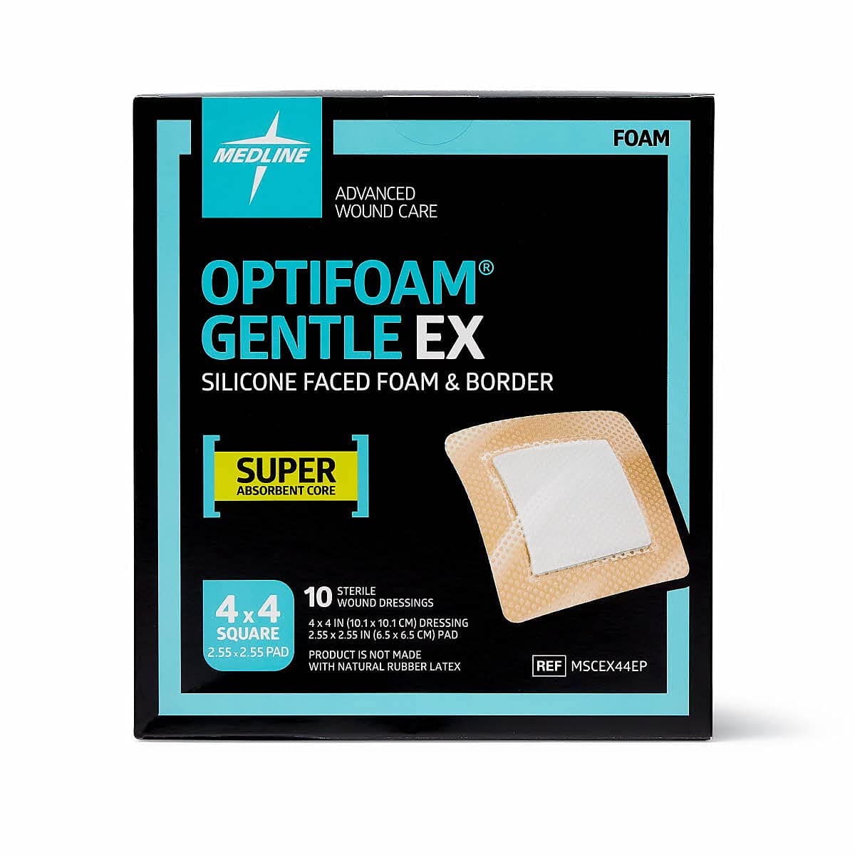 Medline Optifoam Gentle EX Bordered Foam Adhesive Dressing, 4" x 4" Square (10 Count)