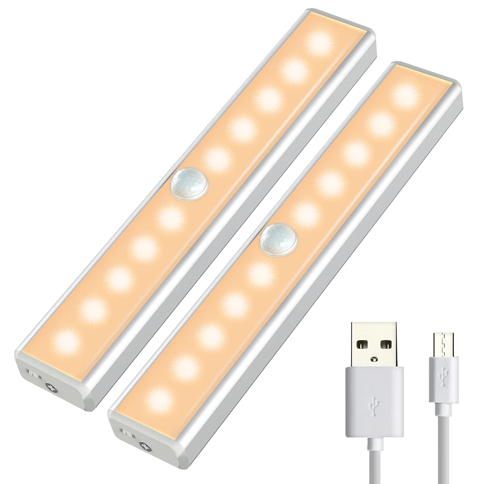 Under Cabinet Lighting, 10 Led Closet Lights Motion Sensor Indoor Wireless USB Rechargeable Battery with 4 Magnetic Strips for Cupboard/Wardrobe/Stairs/Wall Upgraded Version (2 Pack)