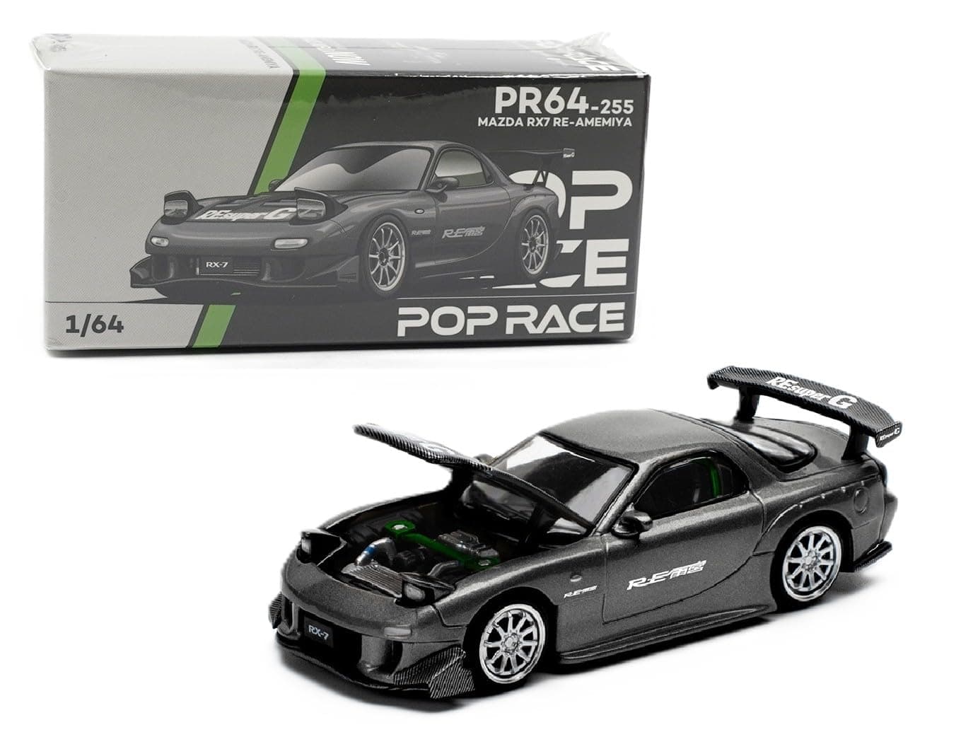 1:64 Scale Diecast Model Car Compatible with Mazda RX7 RE Amemiya Blue Metallic with Carbon Top Limited Edition by Pop Race PR640119
