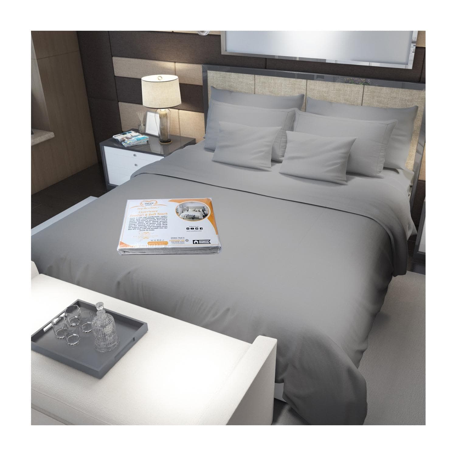 Swan Linen 100% Cotton Fitted Sheet 300 Thread Count Include 01 Fitted Bed Sheet 160x200cm & 2 Pillowcovers Sateen Weave Deep Pocket All Around Elastic Fit Up to 40cm (Gray, Queen)