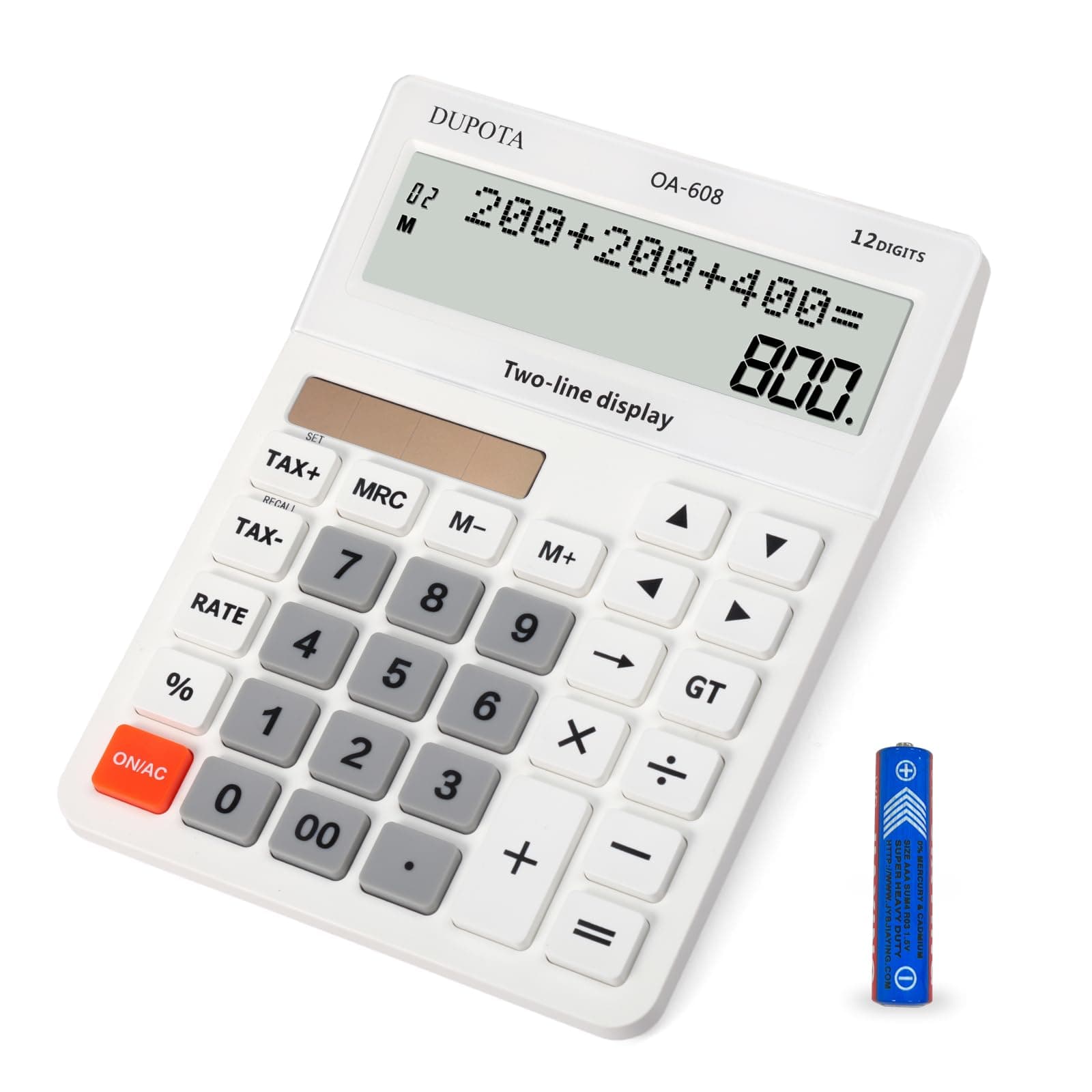 Desktop Calculator Large Display Big Buttons with 12 Digits 2-line LCD, Dual Solar Power and Battery, Calculator with Tax and Check Function for Office, Home, School and Business （OA-608）