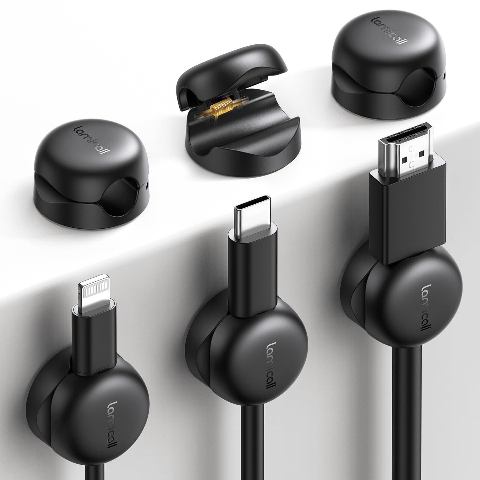 Lamicall Cable Clips, Spring Cord Organizer Holder - 6Pack Latest Compact Desk Cable Management Clips, Nightstand Phone Charging Cord Holder, 8mm Slot Adhesive Wire Organizer