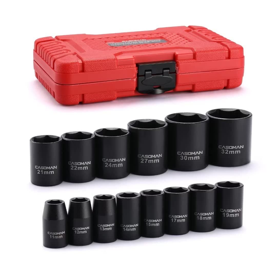 14 Pieces 1/2-Inch Drive Shallow Impact Socket Set, Metric, 6-Point, 11mm to 32mm