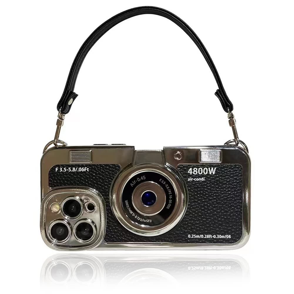 3D Vintage Camera Phone Case with Hand Strap - Unique Cool Silicone PC Shockproof Crossbody Protective Case for iPhone 14 Pro Max-Black