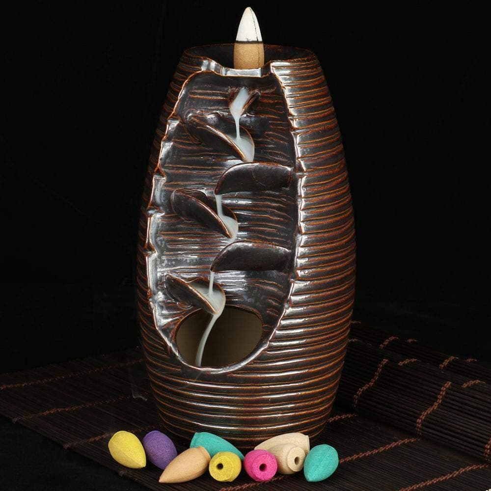 Classic Design Waterfall Backflow Incense Burner Handmade Ceramic Incense Holders for Home Decoration (Rusty)