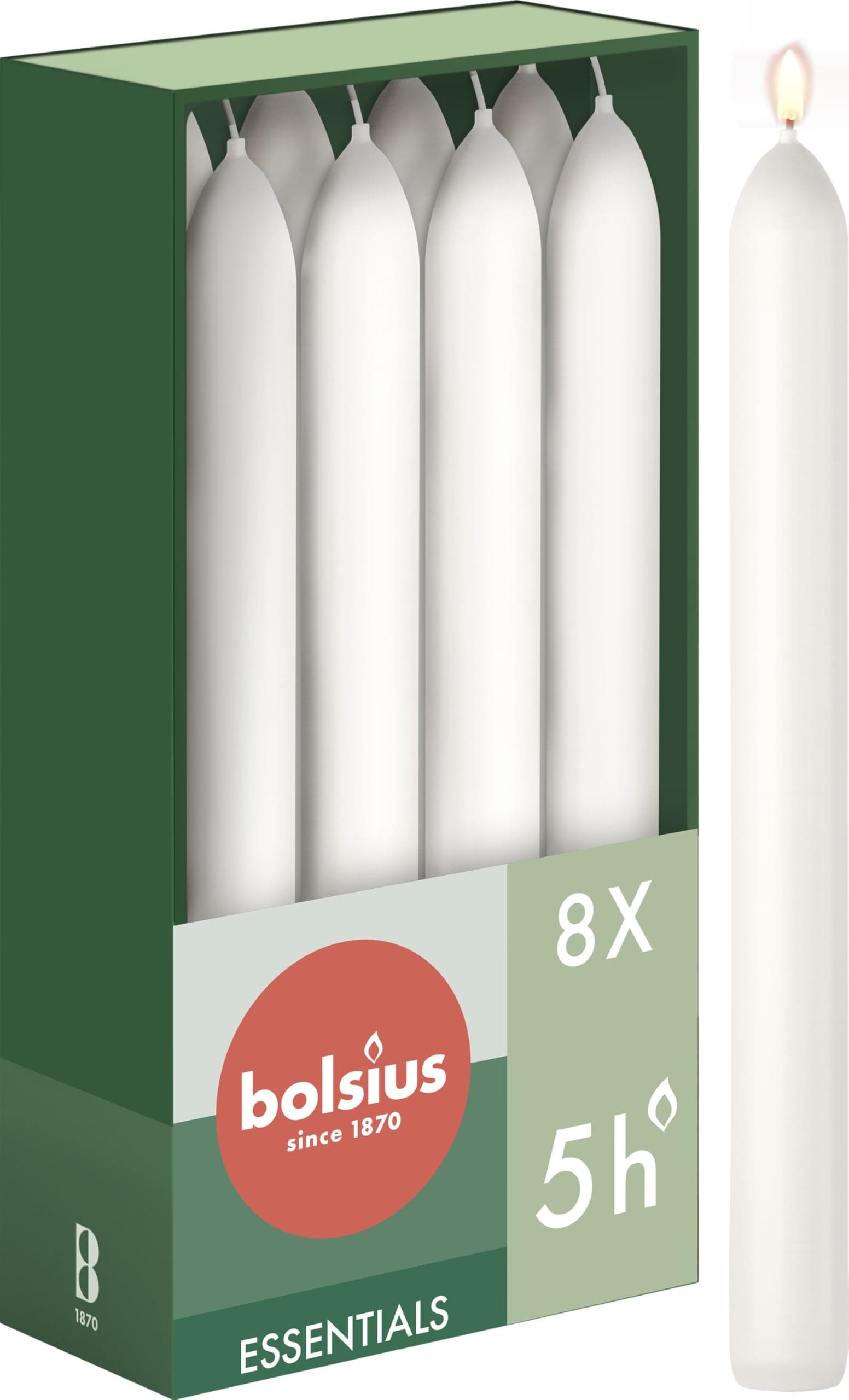Bolsius Tapered Dinner Candles – White – 8-Pack – 17 x 2 cm – Long Burning Time of 5 Hours – Unscented – Includes Natural Vegan Wax – Without Palm Oil