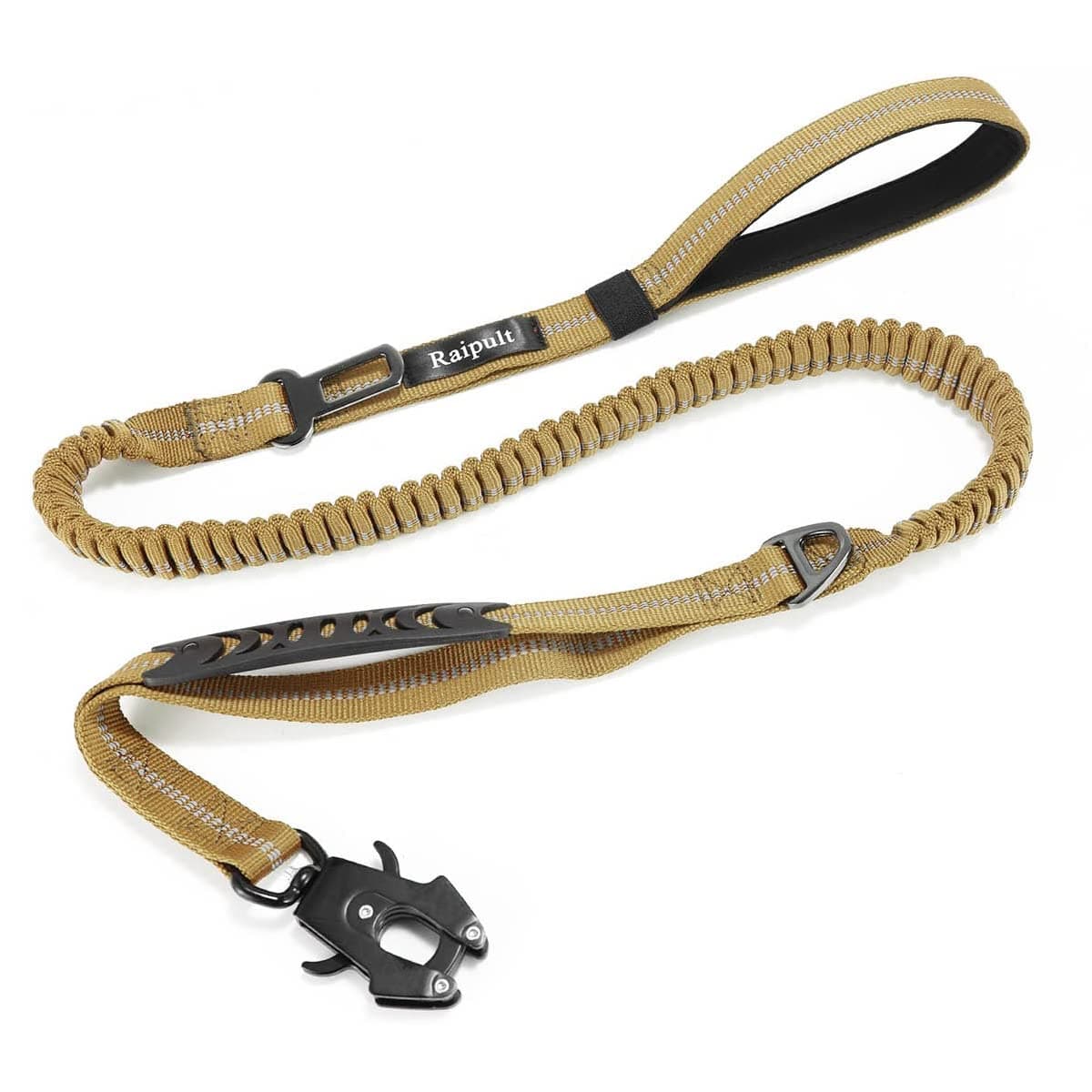 Raipult Heavy Duty Tactical Dog Leash, 4-6FT No Pull Bungee Dog Leash with Quick Release Carabiner, Highly Reflective Shock Absorbing Leashes with Car Seatbelt for Small Medium Large Dogs,Khaki