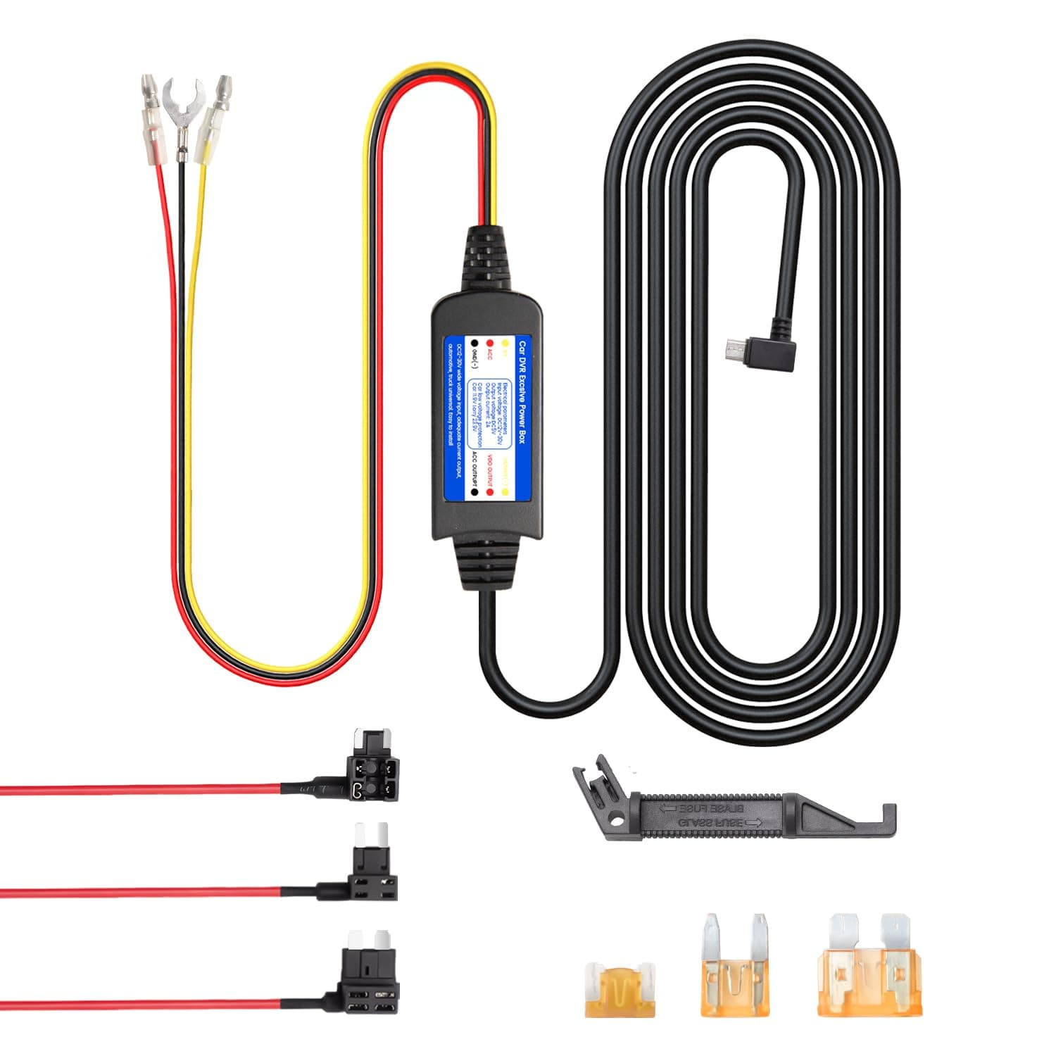 - Dash Cam Hardwire Kit Cable - 13ft COOAU Dashcam Hard Wire Micro USB Ports for Car with Acc Detection 24H Parking Monitoring | 3 Fuses Types for Dash Camera D30S D20 D20S (CH410)