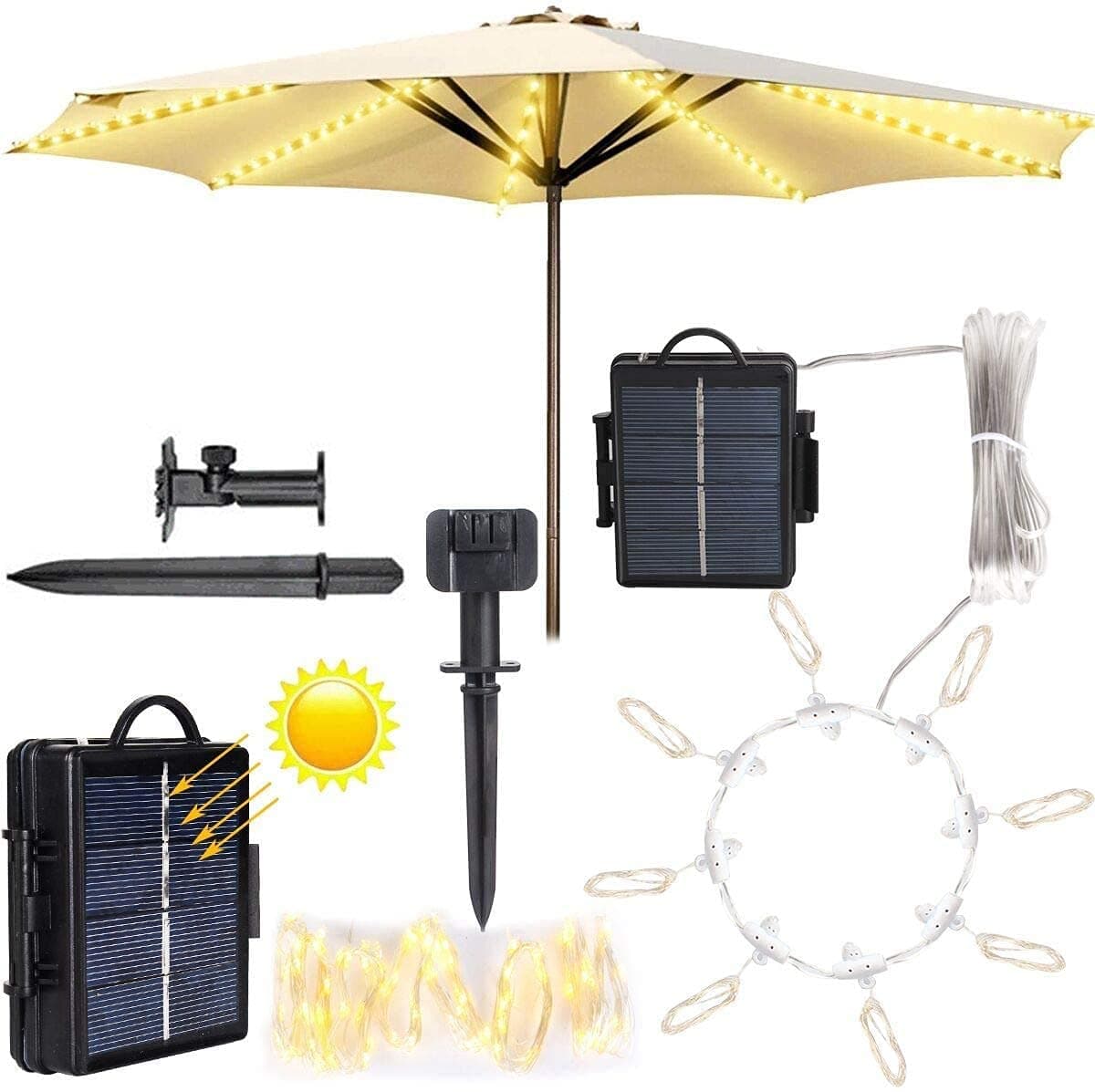 104 LED Patio Umbrella Lights String Solar or Battery Powered 2 Choices, Radius 1.3m Warm White 8 Modes 8 Branches Parasol Lights, Garden Fairy Lights String Outdoor Waterproof (Cable Ties Included)