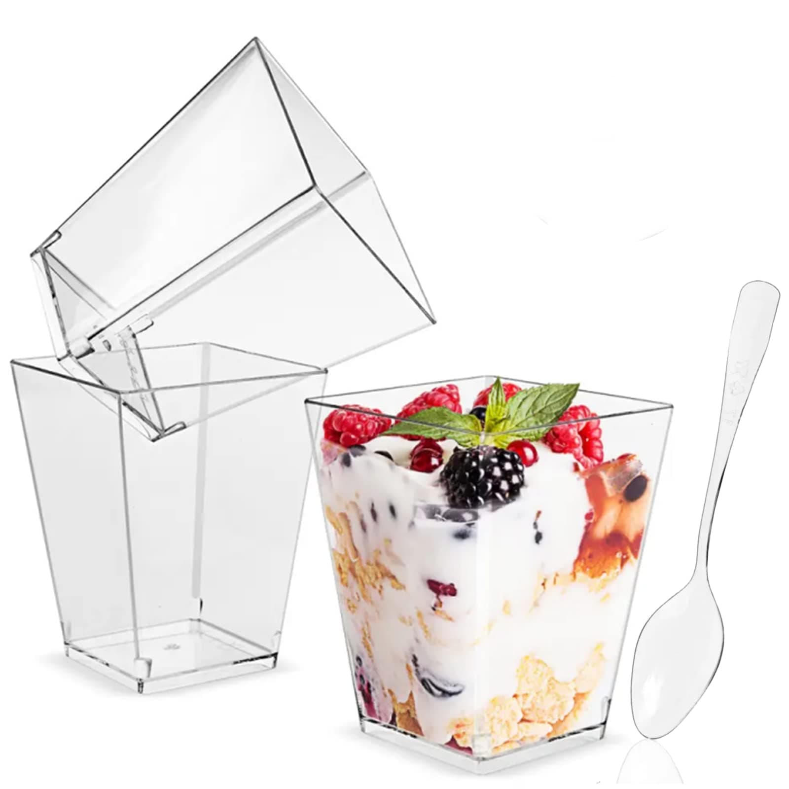 50 Pack 5 oz Dessert Cups +50 Pack Individual Package Plastic Spoons,150ml Square Dessert Bowls Set Mini Clear Dessert Cups Reusable Plastic Pudding Cups