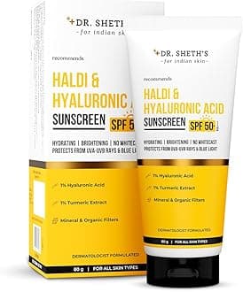 Dr. Sheth's Haldi & Hyaluronic Acid Sunscreen with 1% Hyaluronic Acid | Spf 50+ Pa+++ | Protects Against UVA/B & Blue Light | Hydrating & Brightening | For Men & Women | For All Skin Type | 80 g