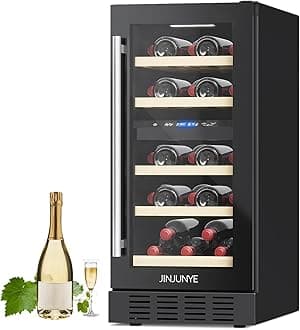 JINJUNYE 15" Dual Zone Wine Cooler, 25 Bottle Wine Refrigerator Fridge Temperature Control, Built-in, Under Counter or Freestanding Compressor Wine Cellar for Red White Champagne