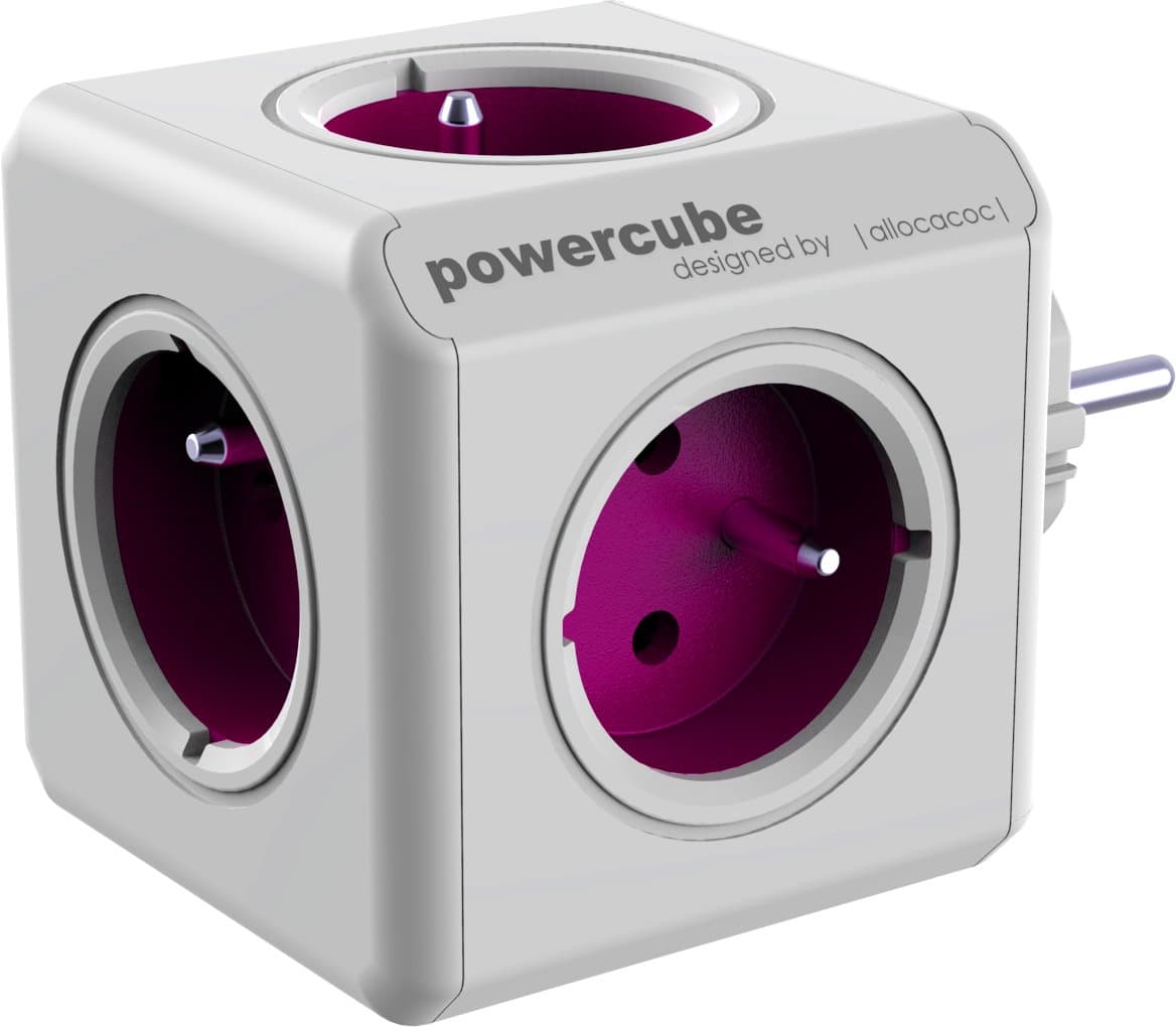 Allocacoc PowerCube ReWirable Travel Plugs – Multiple Travel Socket with International Adapters, 5 Plugs 230V FR in Cube Shape (White and Purple)