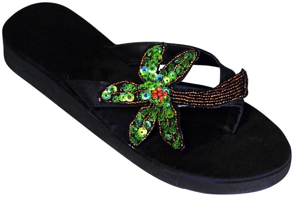 Women's Palm Tree Flip Flops-S-Green / Brown