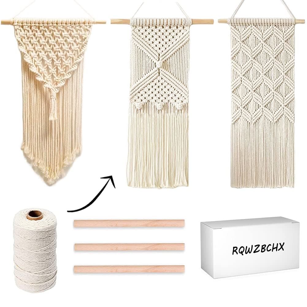 RQWZBCHX DIY Macrame Wall Hanging Kits, 3 Patterns Macrame DIY Wall Hangers for Beginners, Home Decor with 200 Meters Macrame Cord, 3 PCS Wooden Dowels and Instruction Booklet for Macrame Starters